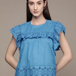 Label Ritu Kumar Floral Boat Neck Flutter Sleeves Cotton Top-picture-28