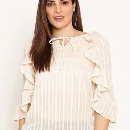 Ruhaans Cream-Coloured Striped Tie-Up Neck Ruffles Chiffon Top image 1