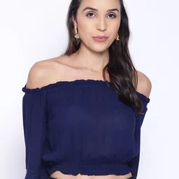 IX IMPRESSION Navy Blue Off-Shoulder Bell Sleeve Crepe Bardot Crop Top image 1