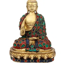 CraftVatika Gold-Toned & Green Tibet Blessing Buddha Brass Statue Showpiece-picture-27
