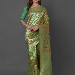 Mitera Green & Orange Silk Blend Woven Design Kanjeevaram Saree-image-22