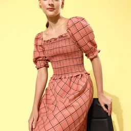 Marie Claire Women Attractive Peach Checked Volume Play Dress-image-33