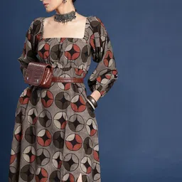 Taavi Dabu Geometric Printed A-Line Pure Cotton Midi Ethnic Dress-image-37