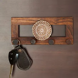 ExclusiveLane Brown Wooden Handcarved Flower Block Key Holders-picture-15
