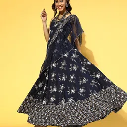 Yufta Women Deep Navy Blue Ethnic Motifs Draped Luxe Dress-picture-20