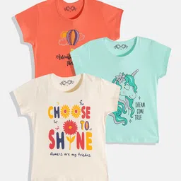 FEMEA Girls Pack of 3 Blue & Orange Typography Printed T-shirt-image-16