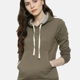 Campus Sutra Women Olive Green Solid Hooded Sweatshirt-image-73