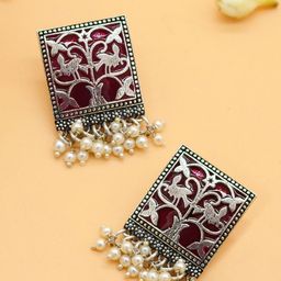 TEEJH Silver-Plated & Maroon Geometric Drop Earrings-picture-6