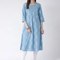 Span Women Blue Floral Print A-Line Kurta-image-11
