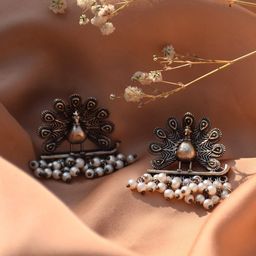 TEEJH Silver-Toned Peacock Shaped Studs Earrings-picture-45