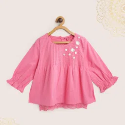 Biba Girls Pink & White Solid Cotton Floral Applique Pleated Detail Layered A-Line Top-picture-3