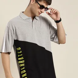 HERE&NOW Men Colourblocked Polo Collar Drop-Shoulder Sleeves Pure Cotton Oversized T-shirt-picture-12