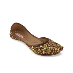 Fulkari Women Maroon & Gold-Toned Embellished Leather Mojaris-picture-32