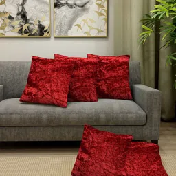 Cortina Set Of 5 Red Solid Velvet Square Cushion Covers-image-4