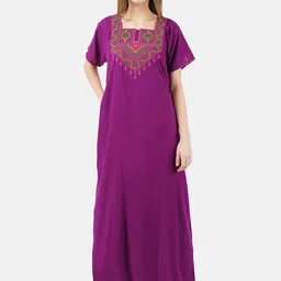 KOI SLEEPWEAR Purple & Green Embroidered Lissybissy Cotton Maxi Nightdress-image-86