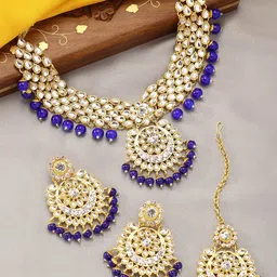 Peora Blue Gold Plated Kundan Beads Choker Necklace Jewellery Set-image-29