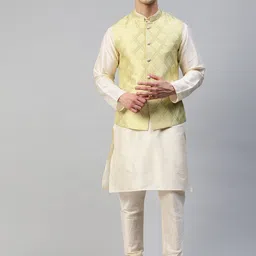 MANQ Men Cream-Coloured Kurta with Churidar & Woven Design Nehru Jacket-picture-4