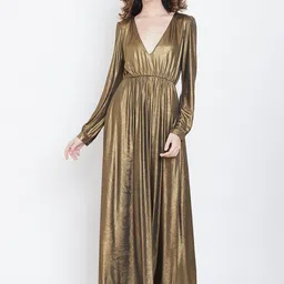 DODO & MOA Women Gold-Toned Solid Shimmery Maxi Dress-picture-11