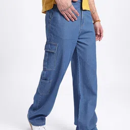 glitchez Men Edgy Street Style Mid-Rise Pure Cotton Relaxed Fit Cargo-Style Jeans-picture-20