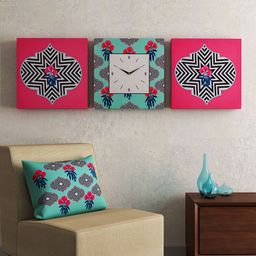 SEJ by Nisha Gupta Set of 2 Wall Art and 1 Square 35.5 cm Analogue Wall Clock-picture-44