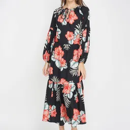 Oxolloxo Black Floral Tie-Up Neck Satin Maxi Dress-picture-23
