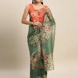 Mitera Green & Peach-Coloured Floral Organza Saree-picture-33