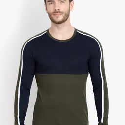 LE BOURGEOIS Men Navy Blue & Olive Green Colourblocked Round Neck T-shirt-picture-20