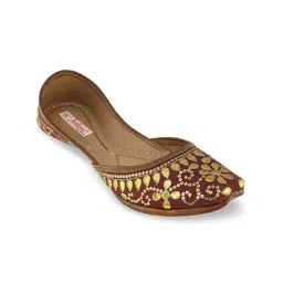 Fulkari Women Maroon & Gold-Toned Embellished Leather Mojaris-image-53