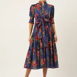 Jaipur Morni Floral Print Puff Sleeve Fit & Flare Midi Dress-picture-16