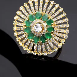 Bhana Fashion Gold-Plated Green American Diamond Circular-Shape Handcrafted Finger Ring-image-6