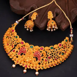 Sukkhi Gold-Plated Pink & Green Stone-Studded Temple Choker Jewellery Set-image-64