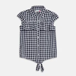 Pantaloons Junior Girls Navy Blue Checked Mandarin Collar Shirt Style Top-picture-48