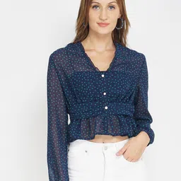 Oxolloxo Women Navy Blue Ruffles Peplum Crop Top-image-36