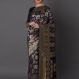 Mitera Navy Blue & Gold-Toned Silk Blend Woven Design Kanjeevaram Saree-image-60