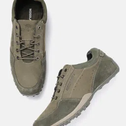 Woodland Men Olive Green Solid Leather Driving Sneakers with Perforated Detail-picture-36