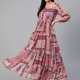 Cottinfab Pink & Peach-Coloured Ethnic Motifs Tiered Maxi Dress image 1