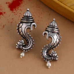 Voylla Oxidised Silver-Toned Textured Aarambh Vinayaka Drop Earrings-picture-28