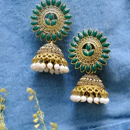 Crunchy Fashion Green  Gold Plated Contemporary Jhumkas-picture-11