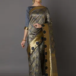 Mitera Grey & Gold-Toned Silk Blend Woven Design Kanjeevaram Saree-image-3