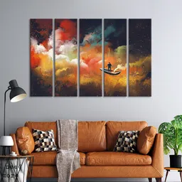 999Store Set Of 5 Navy Blue & Orange Man Rowing A Boat Under Beautiful Sky With Star Wall Art Frames-picture-21