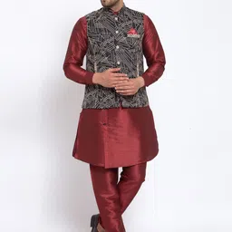 KLOTTHE Men Multicoloured Cotton Silk Kurta with Churidar Pajama & Nehru Jacket-image-32