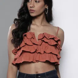 Trendyol Women Rust Brown Pure Cotton Ruffles Smocked Crop Top-image-0