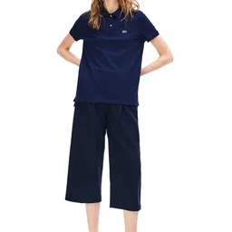 Lacoste Women Navy Blue Solid Polo Collar Pure Cotton T-shirt-picture-11