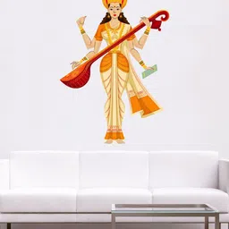 rawpockets Orange & Beige Goddess "Saraswati Maa" PVC Vinyl Wall Sticker-image-18