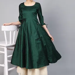 Inddus Women Dark Green Zari Weaved A-Line Kurta-picture-21