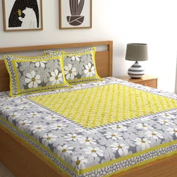 LA VERNE Yellow & Grey Floral 104 TC Cotton 1 Queen Bedsheet with 2 Pillow Covers-picture-31
