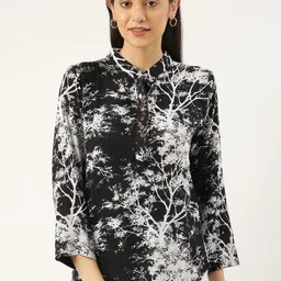 RACHNA Black & White Floral Print Mandarin Collar Top-picture-19