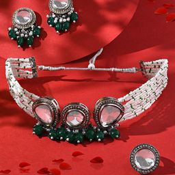Zaveri Pearls Silver-Plated Stone-Studded & Beaded Multistrand Jewellery Set-picture-23