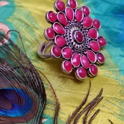 Crunchy Fashion Oxidised Pink Silver-Plated Kundan-Studded Adjustable Finger Ring-picture-24