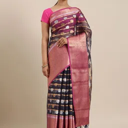 MIMOSA Navy Blue Organza Woven Design Banarasi Saree-image-15